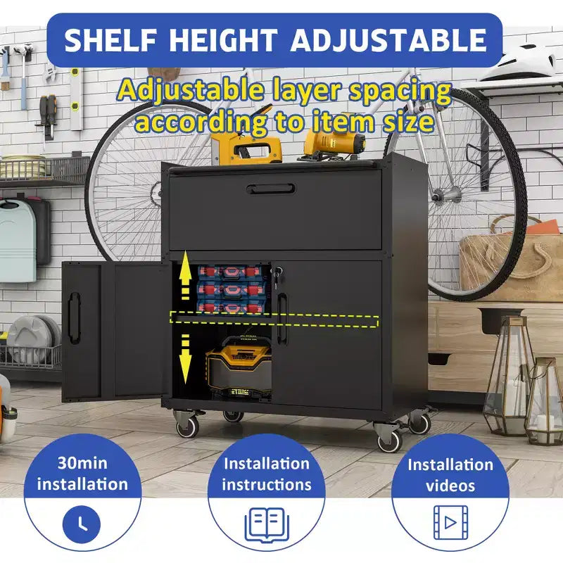Servante d'atelier métallique pour garage, armoire de rangement mobile robuste avec portes verrouillables, servante à outils roulante