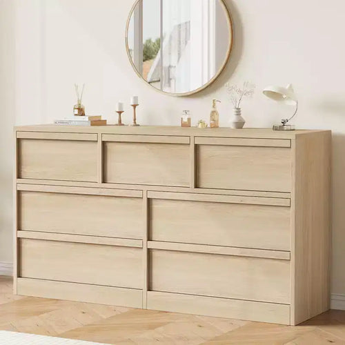 54 Wide Natural Oak 7-Drawer Dresser for Bedroom, Wooden Chest of Drawers with Large Storage, Closet Organizer Cabinet Furniture for Living Room