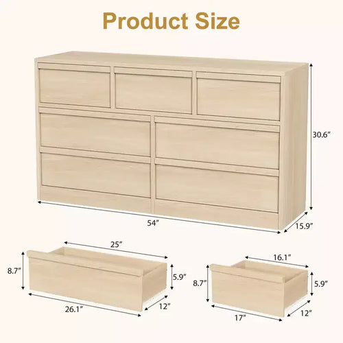 Commode de chambre à 7 tiroirs en chêne naturel, 54 po de large, avec grand rangement, meuble de rangement pour le salon