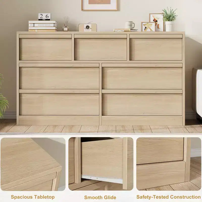 Commode de chambre à 7 tiroirs en chêne naturel, 54 po de large, avec grand rangement, meuble de rangement pour le salon