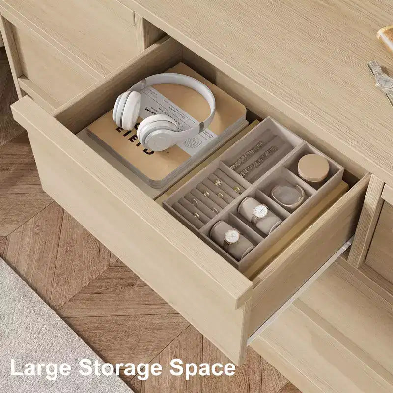 Commode de chambre à 7 tiroirs en chêne naturel, 54 po de large, avec grand rangement, meuble de rangement pour le salon
