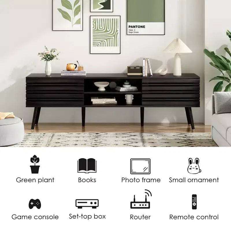 Meuble TV JVNOXK de style scandinave pour téléviseurs jusqu'à 70 pouces avec rangements, meuble TV en bois cannelé pour salon, console média bohème, noyer foncé