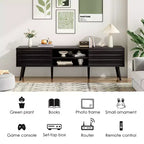 Meuble TV JVNOXK de style scandinave pour téléviseurs jusqu'à 70 pouces avec rangements, meuble TV en bois cannelé pour salon, console média bohème, noyer foncé