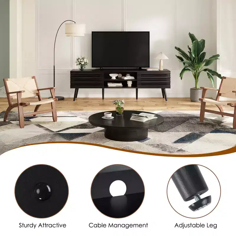 Meuble TV JVNOXK de style scandinave pour téléviseurs jusqu'à 70 pouces avec rangements, meuble TV en bois cannelé pour salon, console média bohème, noyer foncé
