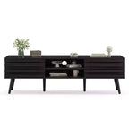 Meuble TV JVNOXK de style scandinave pour téléviseurs jusqu'à 70 pouces avec rangements, meuble TV en bois cannelé pour salon, console média bohème, noyer foncé