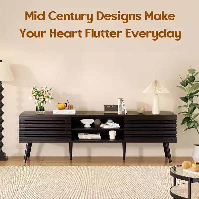 Meuble TV JVNOXK de style scandinave pour téléviseurs jusqu'à 70 pouces avec rangements, meuble TV en bois cannelé pour salon, console média bohème, noyer foncé