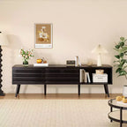 Meuble TV JVNOXK de style scandinave pour téléviseurs jusqu'à 70 pouces avec rangements, meuble TV en bois cannelé pour salon, console média bohème, noyer foncé