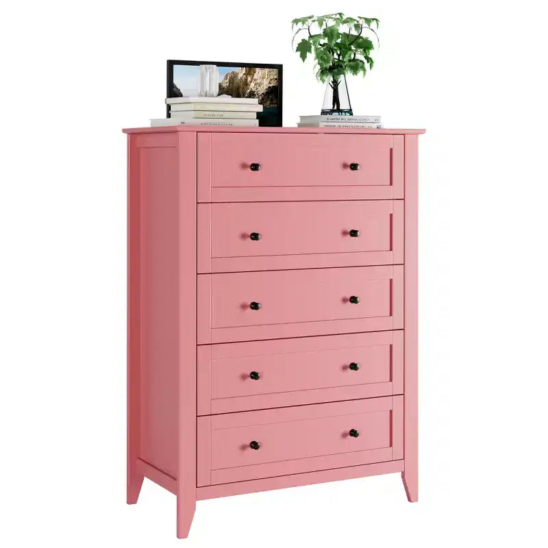 Commode à 5 tiroirs pour chambre à coucher, chiffonnier haut et moderne avec poignées en métal, meuble de rangement en bois pour placard, salon, couloir
