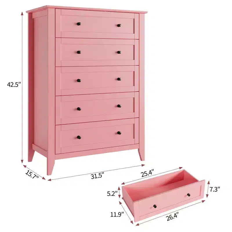 Commode à 5 tiroirs pour chambre à coucher, chiffonnier haut et moderne avec poignées en métal, meuble de rangement en bois pour placard, salon, couloir