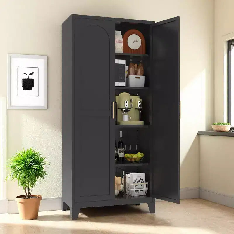 JVNOXK Armoire 2 portes élégantes de 180 cm, Armoire de rangement en métal avec portes et étagères réglables, pour chambre à coucher, salon, cuisine, Noir