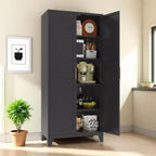 JVNOXK Armoire 2 portes élégantes de 180 cm, Armoire de rangement en métal avec portes et étagères réglables, pour chambre à coucher, salon, cuisine, Noir