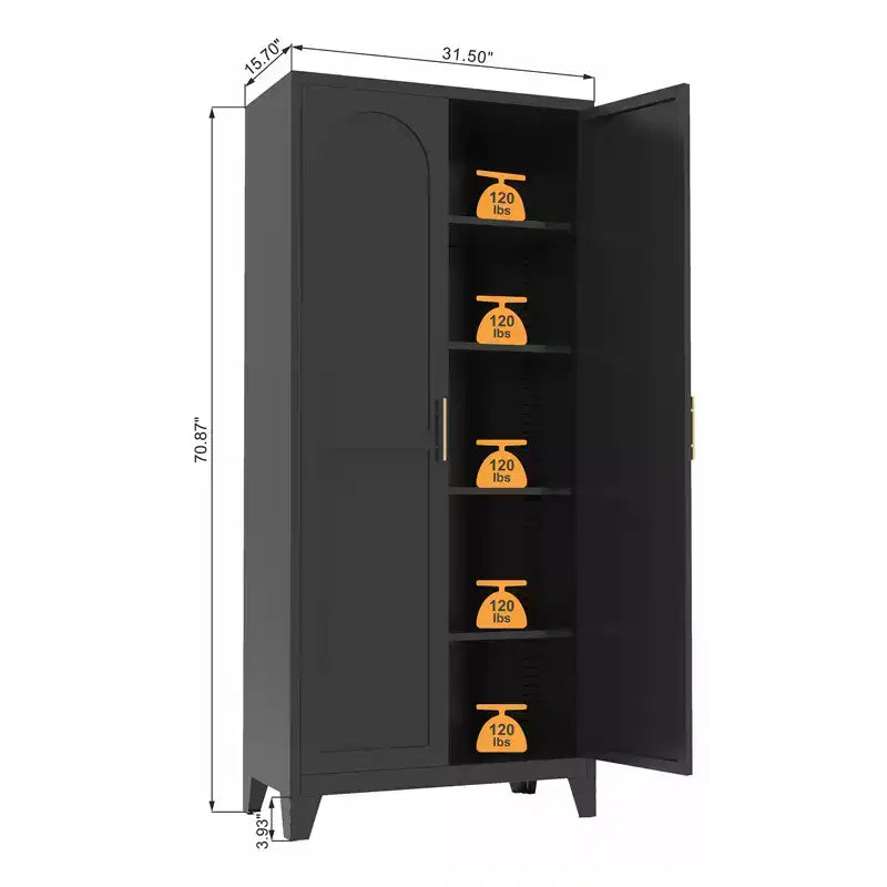 JVNOXK Armoire 2 portes élégantes de 180 cm, Armoire de rangement en métal avec portes et étagères réglables, pour chambre à coucher, salon, cuisine, Noir
