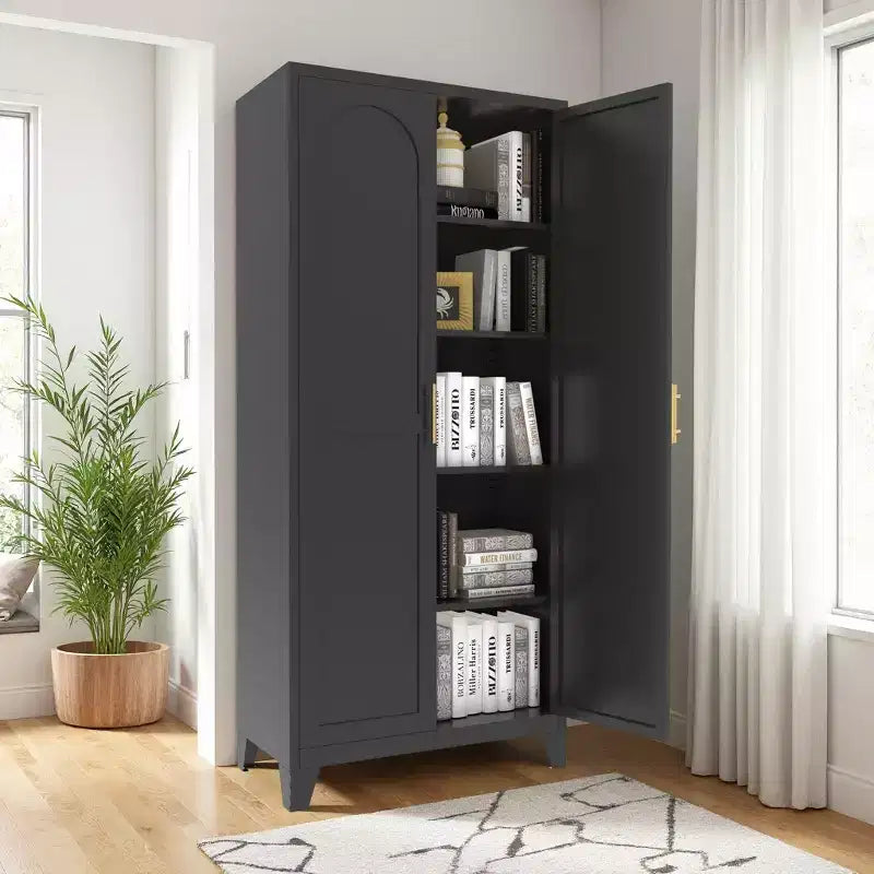 JVNOXK Armoire 2 portes élégantes de 180 cm, Armoire de rangement en métal avec portes et étagères réglables, pour chambre à coucher, salon, cuisine, Noir
