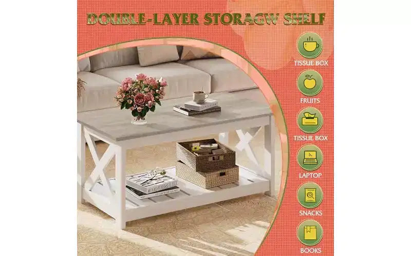 Table basse de ferme DEXYLLO pour salon, table centrale rustique de 102 cm avec support en X et étagère de rangement