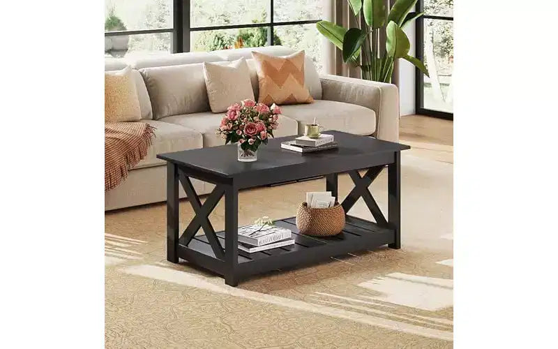Table basse de ferme DEXYLLO pour salon, table centrale rustique de 102 cm avec support en X et étagère de rangement