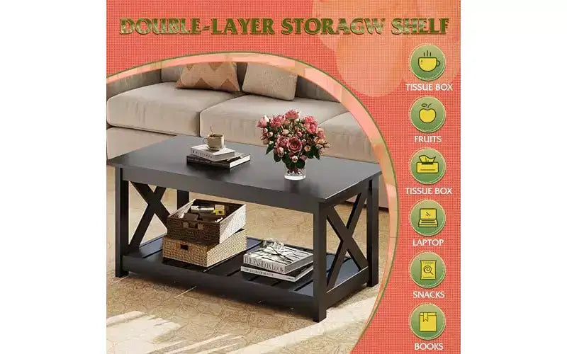Table basse de ferme DEXYLLO pour salon, table centrale rustique de 102 cm avec support en X et étagère de rangement