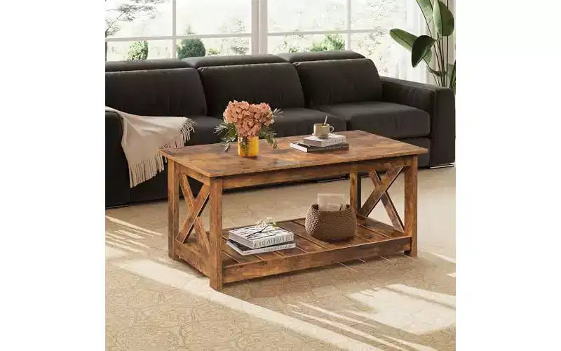 Table basse de ferme DEXYLLO pour salon, table centrale rustique de 102 cm avec support en X et étagère de rangement