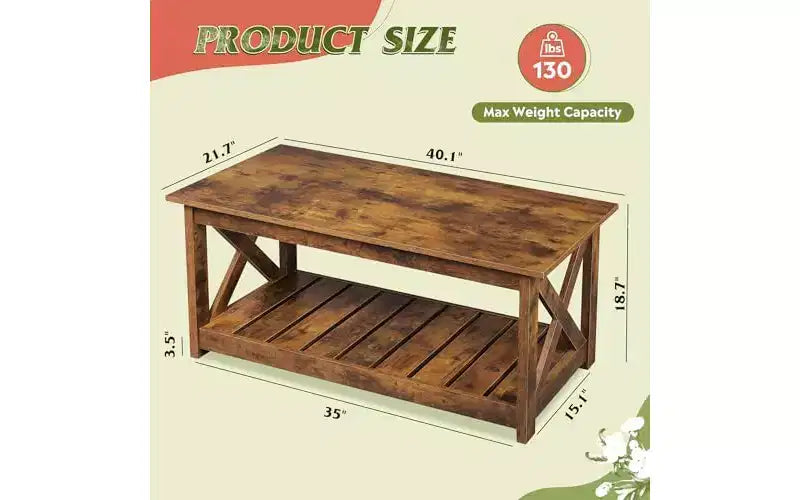 Table basse de ferme DEXYLLO pour salon, table centrale rustique de 102 cm avec support en X et étagère de rangement