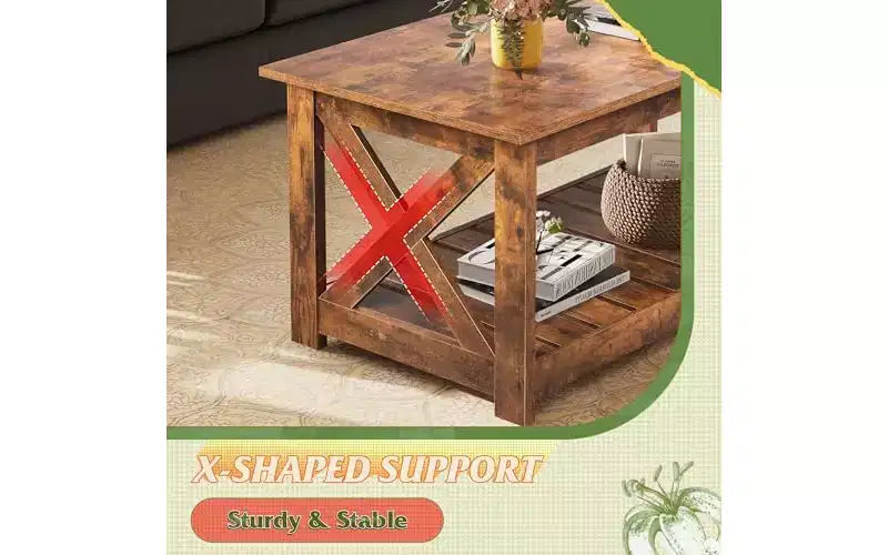 Table basse de ferme DEXYLLO pour salon, table centrale rustique de 102 cm avec support en X et étagère de rangement