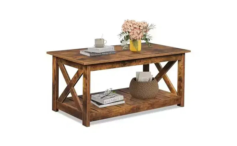 Table basse de ferme DEXYLLO pour salon, table centrale rustique de 102 cm avec support en X et étagère de rangement