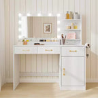 Coiffeuse avec miroir - 3 tiroirs, 2 compartiments, armoire, étagères ouvertes - Table de maquillage en bois pour chambre à coucher ou dressing - Blanc