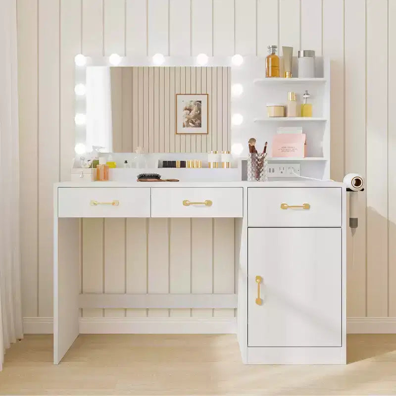 Coiffeuse avec miroir - 3 tiroirs, 2 compartiments, armoire, étagères ouvertes - Table de maquillage en bois pour chambre à coucher ou dressing - Blanc