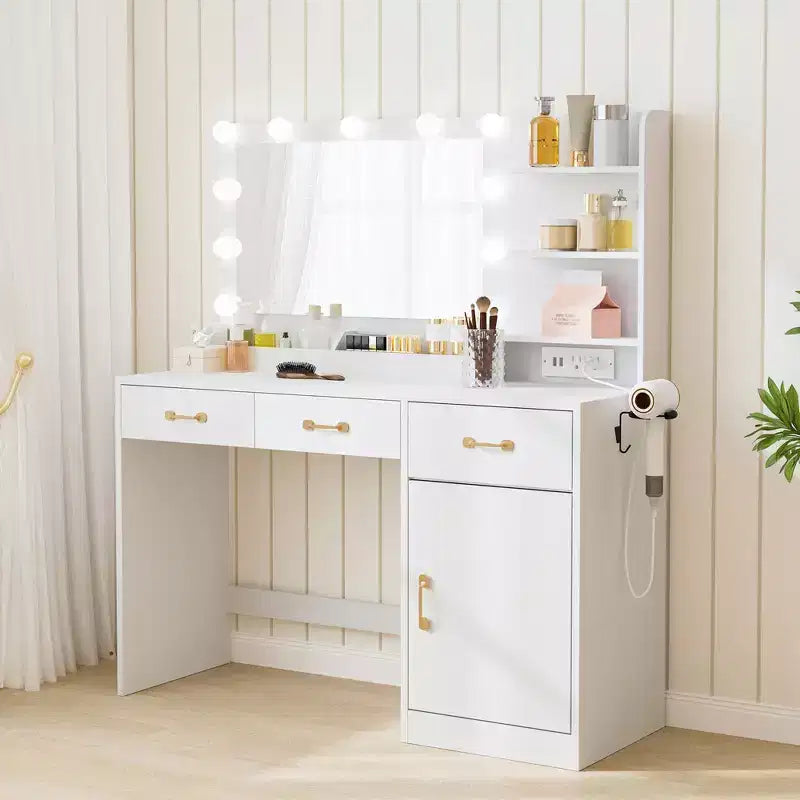 Coiffeuse avec miroir - 3 tiroirs, 2 compartiments, armoire, étagères ouvertes - Table de maquillage en bois pour chambre à coucher ou dressing - Blanc