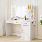 Coiffeuse avec miroir - 3 tiroirs, 2 compartiments, armoire, étagères ouvertes - Table de maquillage en bois pour chambre à coucher ou dressing - Blanc