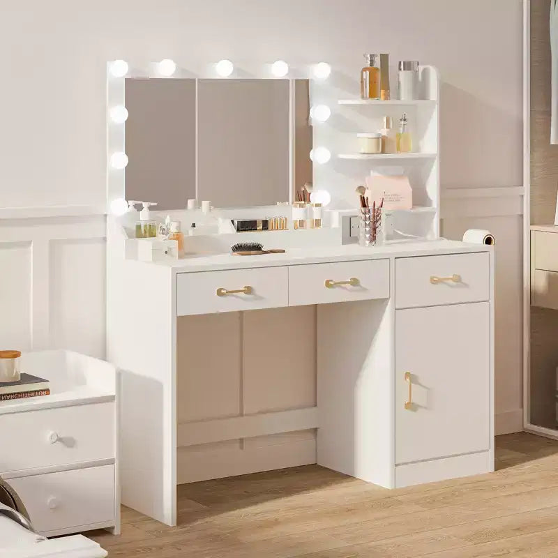 Coiffeuse avec miroir - 3 tiroirs, 2 compartiments, armoire, étagères ouvertes - Table de maquillage en bois pour chambre à coucher ou dressing - Blanc