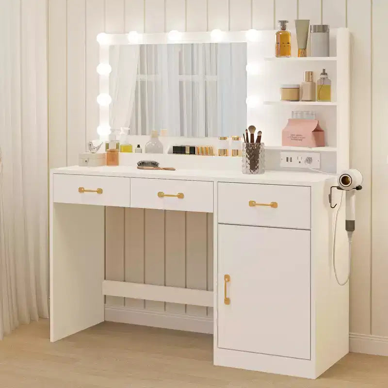 Coiffeuse avec miroir - 3 tiroirs, 2 compartiments, armoire, étagères ouvertes - Table de maquillage en bois pour chambre à coucher ou dressing - Blanc