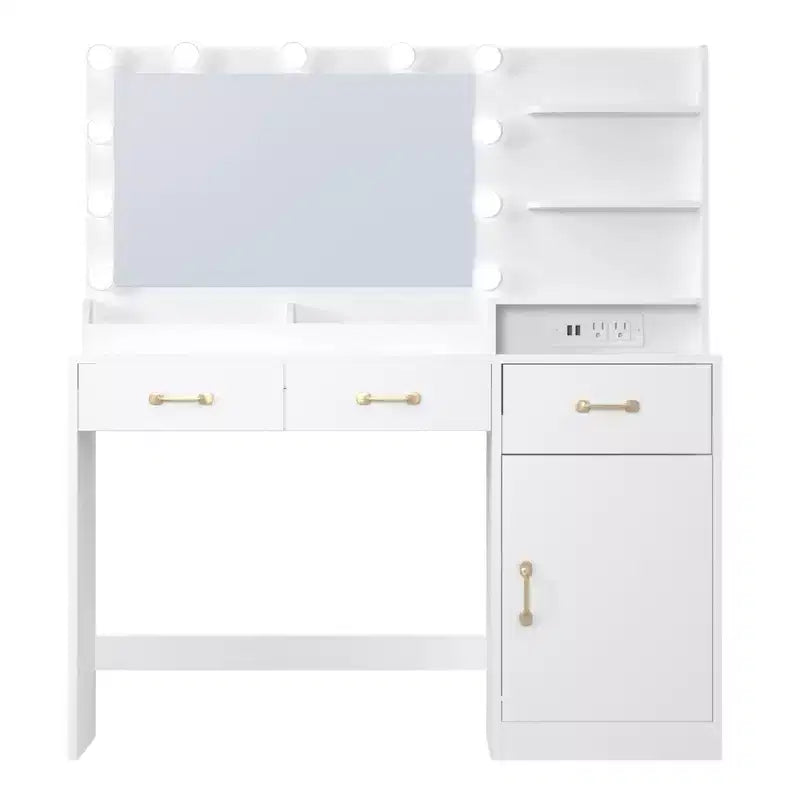 Coiffeuse avec miroir - 3 tiroirs, 2 compartiments, armoire, étagères ouvertes - Table de maquillage en bois pour chambre à coucher ou dressing - Blanc