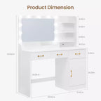 Coiffeuse avec miroir - 3 tiroirs, 2 compartiments, armoire, étagères ouvertes - Table de maquillage en bois pour chambre à coucher ou dressing - Blanc