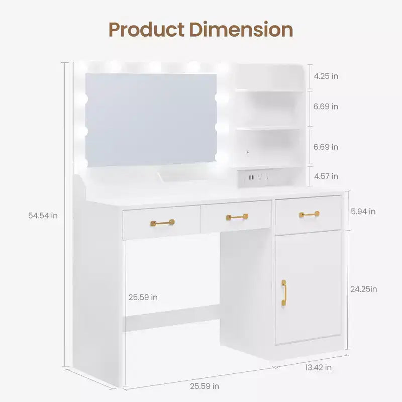 Coiffeuse avec miroir - 3 tiroirs, 2 compartiments, armoire, étagères ouvertes - Table de maquillage en bois pour chambre à coucher ou dressing - Blanc