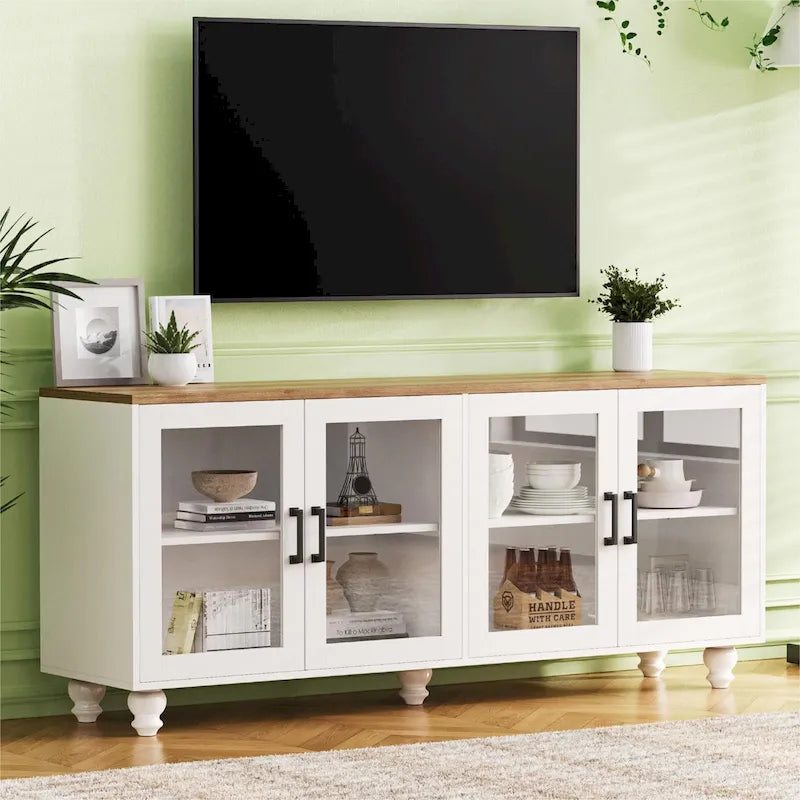 Meuble TV pour téléviseurs jusqu'à 70 pouces, buffet polyvalent, étagères réglables, portes en verre trempé, buffet avec 5 pieds en forme de calebasse