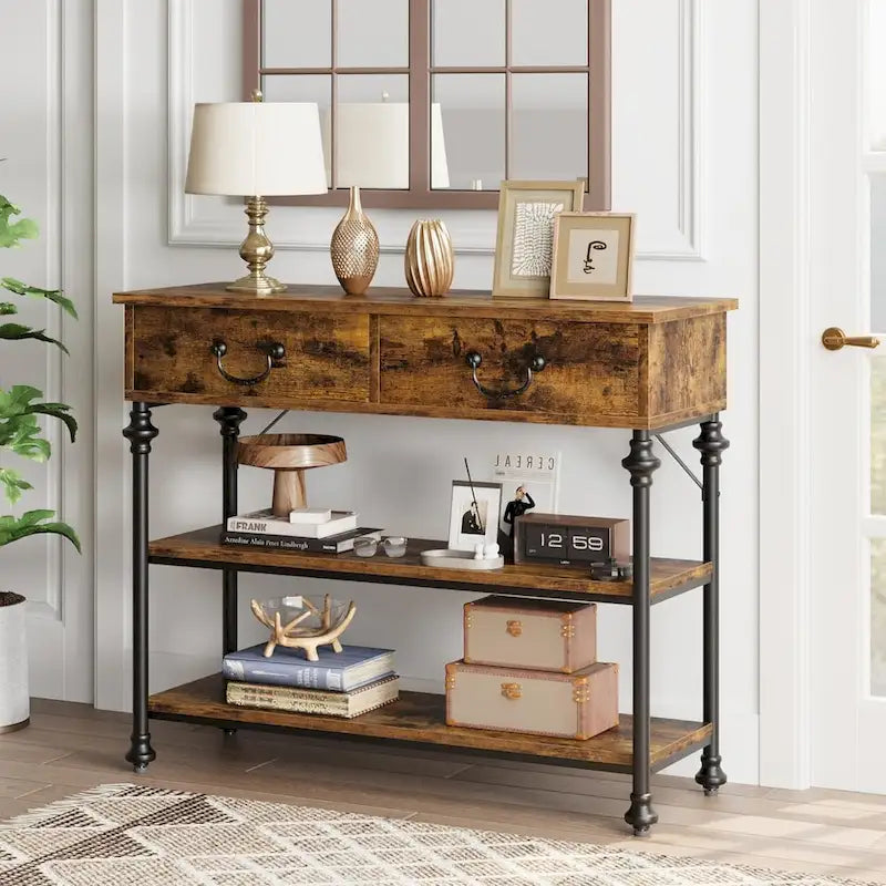 Petite Table d'entrée avec 2 tiroirs, Console étroite avec étagères de rangement pour Salon