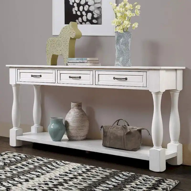 Table console en bois massif de 63 po avec 3 tiroirs et 1 étagère inférieure