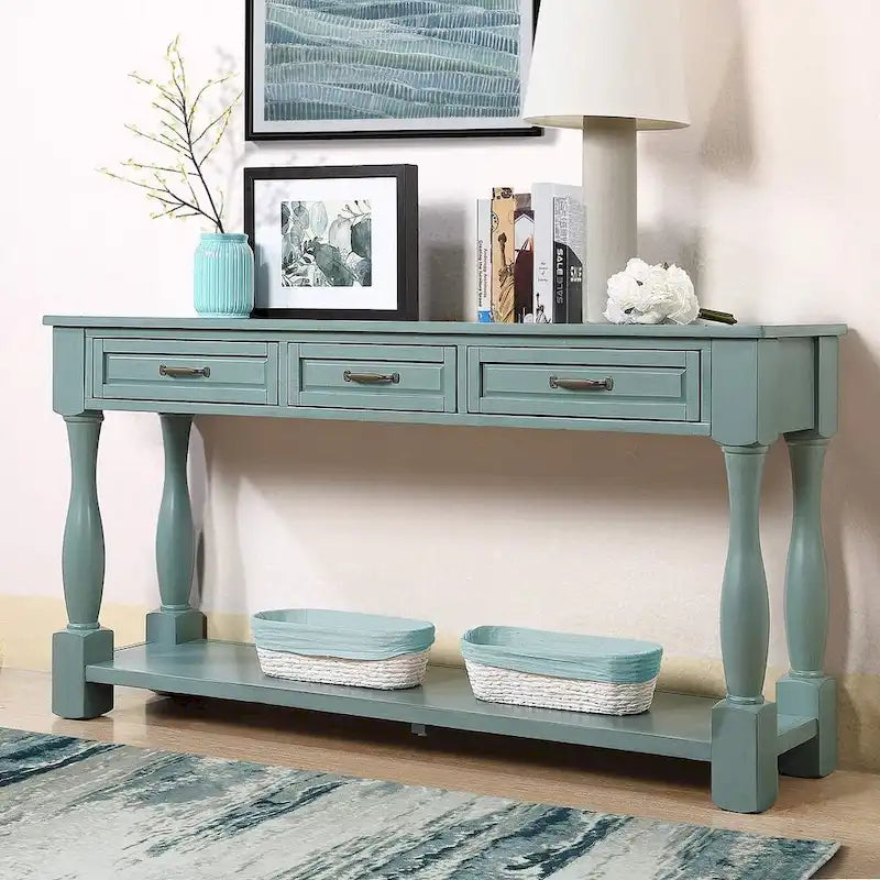 Table console en bois massif de 63 po avec 3 tiroirs et 1 étagère inférieure