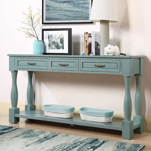 Table console en bois massif de 63 po avec 3 tiroirs et 1 étagère inférieure