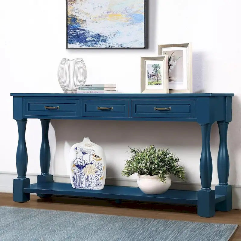 Table console en bois massif de 63 po avec 3 tiroirs et 1 étagère inférieure