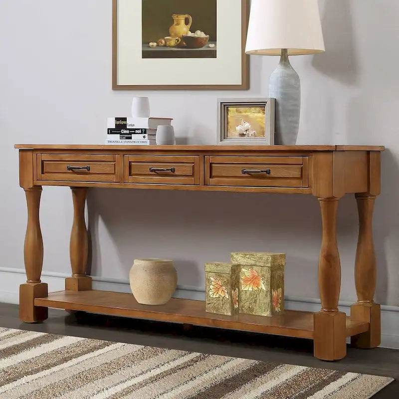 Table console en bois massif de 63 po avec 3 tiroirs et 1 étagère inférieure