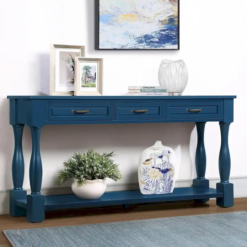 Table console en bois massif de 63 po avec 3 tiroirs et 1 étagère inférieure