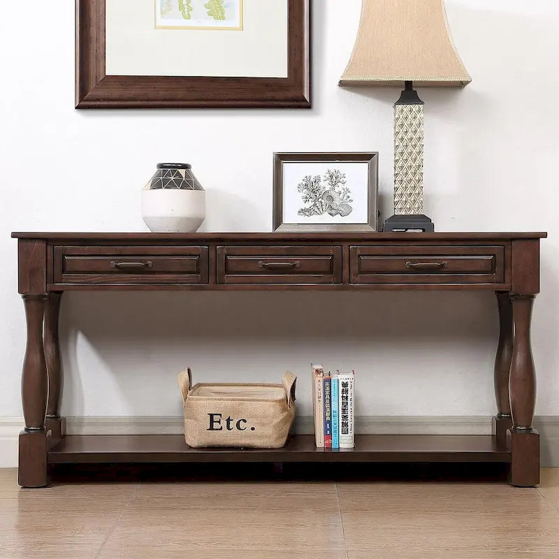 Table console en bois massif de 63 po avec 3 tiroirs et 1 étagère inférieure