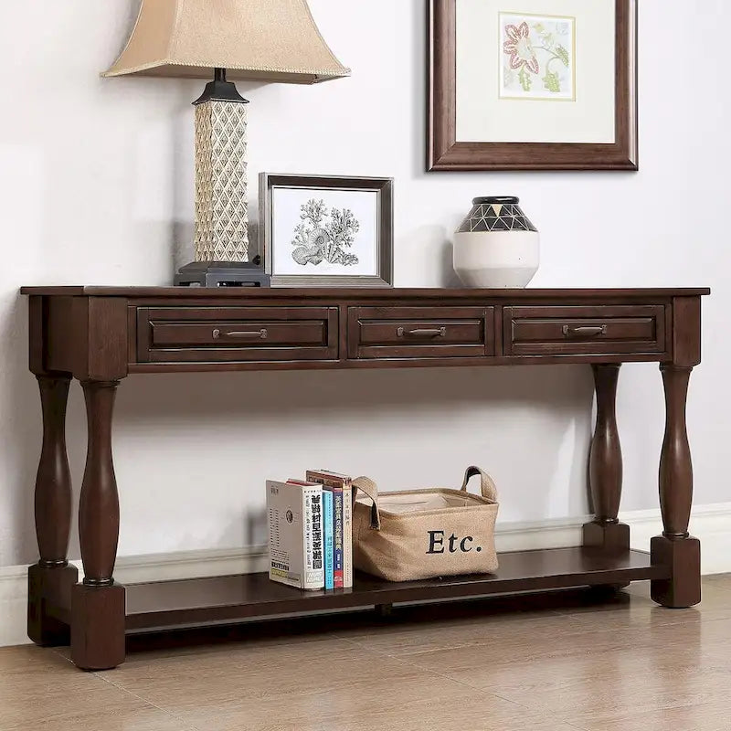 Table console en bois massif de 63 po avec 3 tiroirs et 1 étagère inférieure