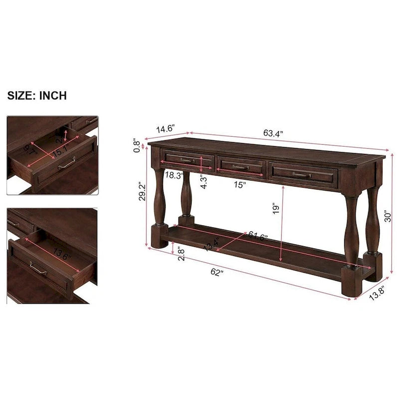 Table console en bois massif de 63 po avec 3 tiroirs et 1 étagère inférieure