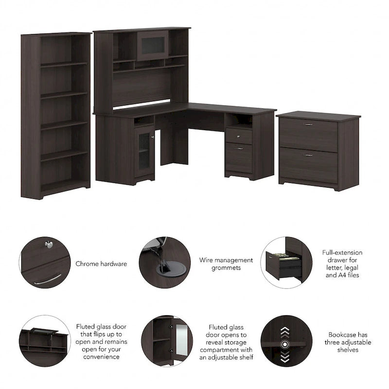 Bureau en L Cabot 60 W avec huche, armoire et bibliothèque de Bush Furniture