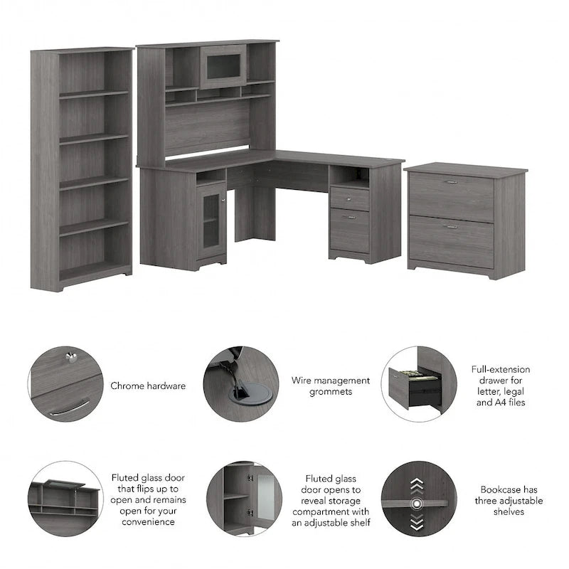 Bureau en L Cabot 60 W avec huche, armoire et bibliothèque de Bush Furniture