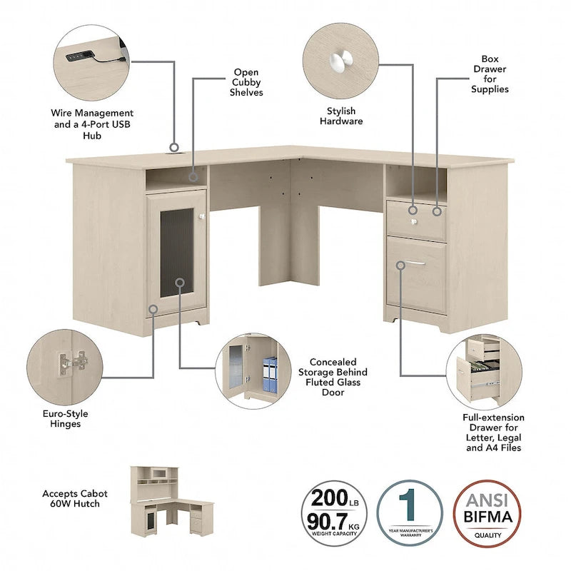 Bureau en L Cabot 60 W avec huche, armoire et bibliothèque de Bush Furniture