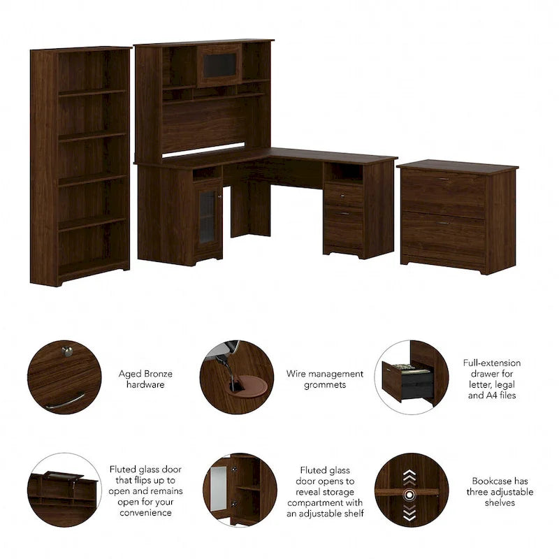 Bureau en L Cabot 60 W avec huche, armoire et bibliothèque de Bush Furniture