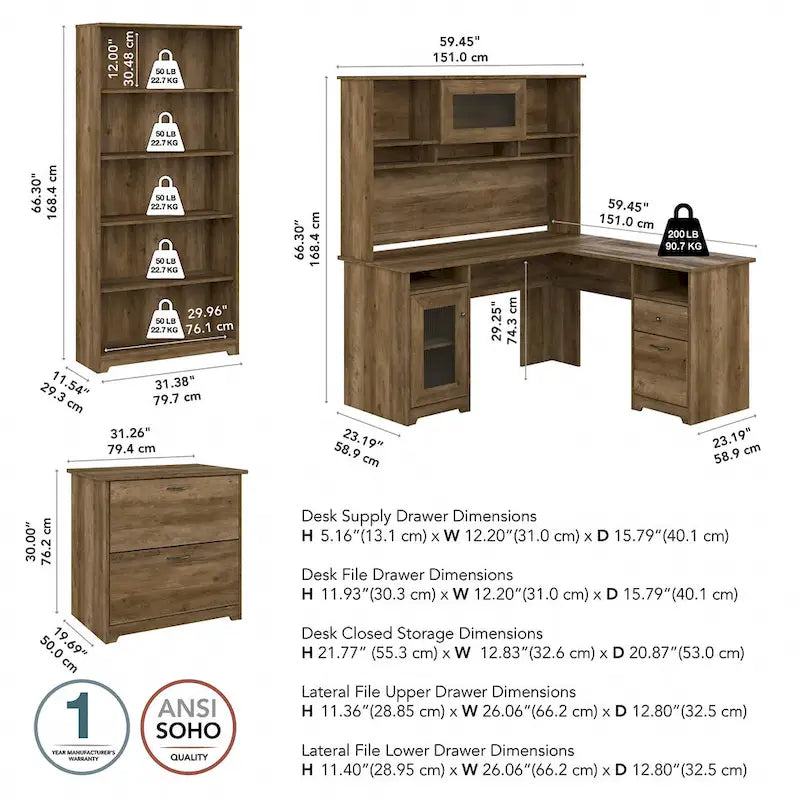 Bureau en L Cabot 60 W avec huche, armoire et bibliothèque de Bush Furniture