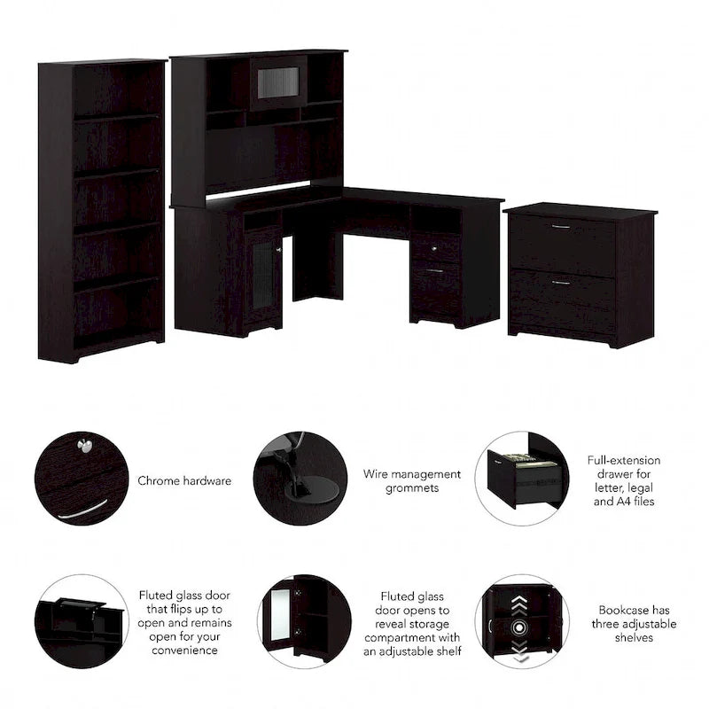Bureau en L Cabot 60 W avec huche, armoire et bibliothèque de Bush Furniture